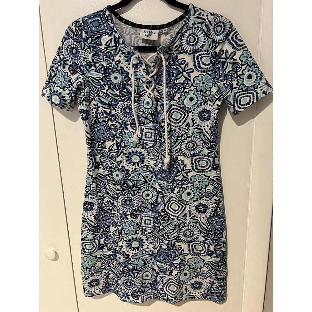 HiHo Heritage Print Rope Tie Cotton/Spandex‎ Dress Size XS Blue Aqua White Beach